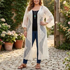 Boho Lace Duster Cardigan 2XL-3XL Ivory Mesh Crochet Kimono Coverup